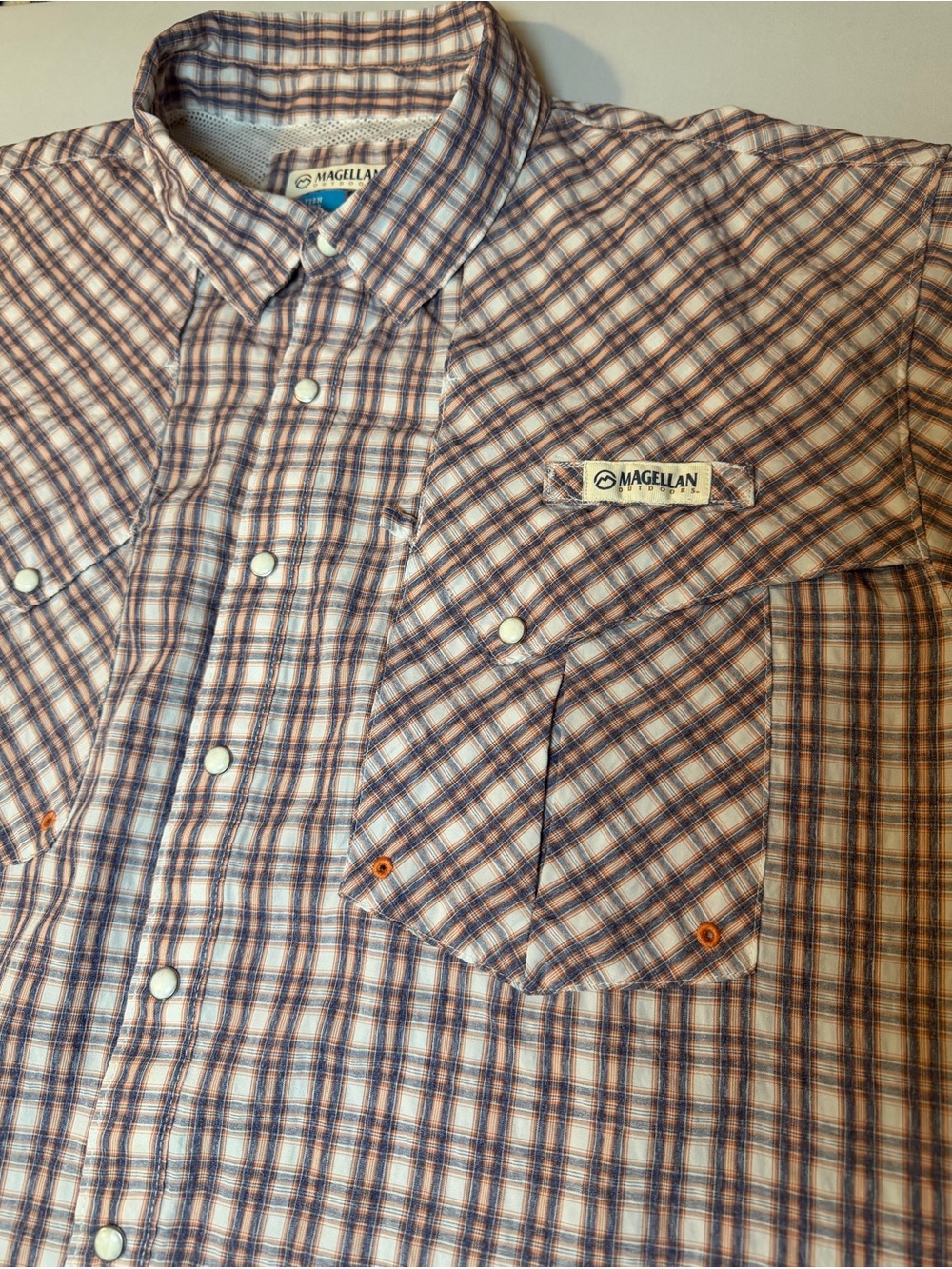 Magellan Outdoors Shirt 2XL Blue White Plaid Pearl Snap Fish Gear Vented Western